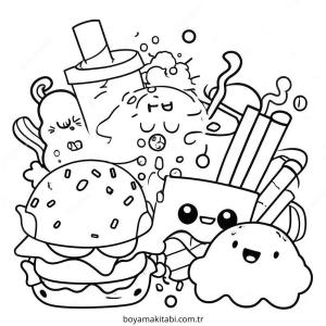 Kawaii Food boyama sayfası – sevimli karakter, sanatsal çalışma