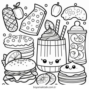 Kawaii Food boyama sayfası – el becerilerini geliştirir, boyama çalışması
