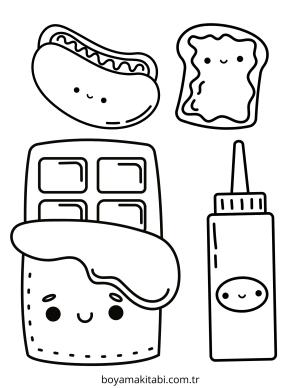 Kawaii Food boyama sayfası – çizgi film temalı, basit çizim