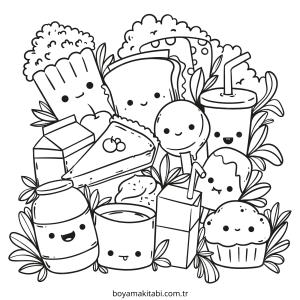 Kawaii Food boyama sayfası – el becerilerini geliştirir, boyama çalışması