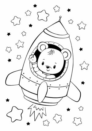 Kawaii boyama sayfası,  coloring page, Roket üzerinde Kawaii Ayı, 