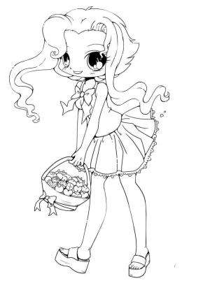 Kawaii boyama sayfası,  coloring page, Bir Meyve Sepeti Tutan Kız Kawaii, 