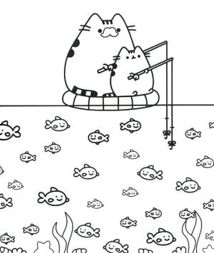 Kawaii boyama sayfası,  coloring page, Baba ve Oğul Pusheen Kedi Kawaii Balık Tutmaya Gidiyor, 