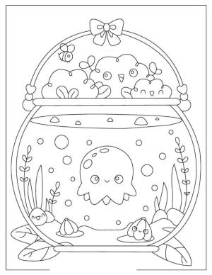 Kawaii boyama sayfası,  coloring page, Bir Balık Tencerede Gülümseyen Denizanası, 