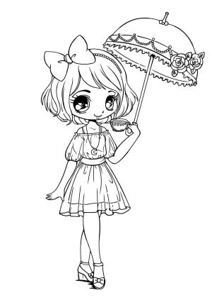 Kawaii boyama sayfası,  coloring page, Şemsiye Tutan Kawaii Kız, 