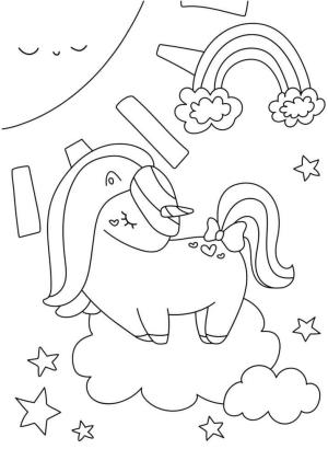 Kawaii boyama sayfası,  coloring page, Kawaii Tek Boynuzlu Yıldız Gökkuşağı Bulutlarda Güneş, 