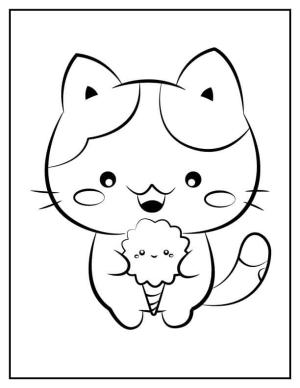 Kawaii boyama sayfası,  coloring page, Dondurma Tutan Kawaii Yavru Kedi, 