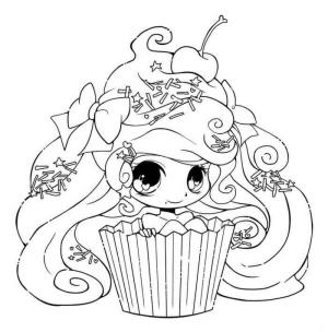 Kawaii boyama sayfası,  coloring page, Kız Cupcake Kawaii, 