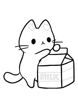 Kawaii boyama sayfası,  coloring page, Sütlü Kawaii Yavru Kedi, 