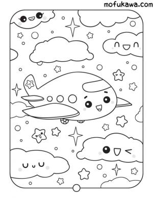 Kawaii boyama sayfası,  coloring page, Uçak ve Bulut Kawaii, 