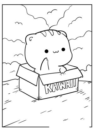 Kawaii boyama sayfası,  coloring page, Kawaii Gülümseyen Kedi, 