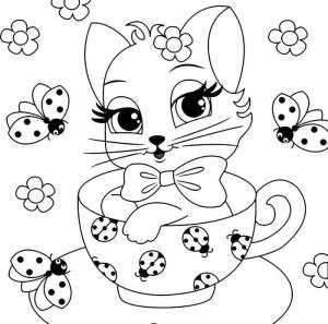 Kedi Yavrusu boyama sayfası,  coloring page, Yavru kedi ve uğur böcekleri, 