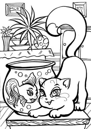 Kedi Yavrusu boyama sayfası,  coloring page, Yavru kedi ve Japon balığı, 