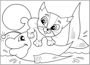 Kedi Yavrusu boyama sayfası,  coloring page, Yavru kedi ve büyük balık, 