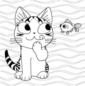 Kedi Yavrusu boyama sayfası,  coloring page, Yavru kedi ve bir Japon balığı, 