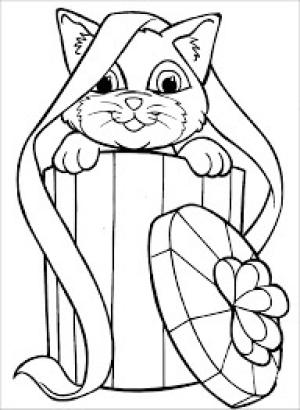 Kedi Yavrusu boyama sayfası,  coloring page, Noel Hediye Kutusunda Yavru Kedi, 