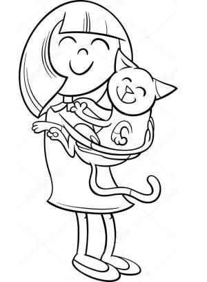 Kedi Yavrusu boyama sayfası,  coloring page, Little Girl Hugs Kitten, 