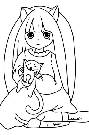 Kedi Yavrusu boyama sayfası,  coloring page, Yavru Kedi ile Oynayan Anime Kız, 