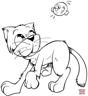 Kedi boyama sayfası, Cat coloring page, , Cats Cat And Little Bird