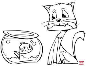 Kedi boyama sayfası, Cat coloring page, , Cats Cat And Fishbowl