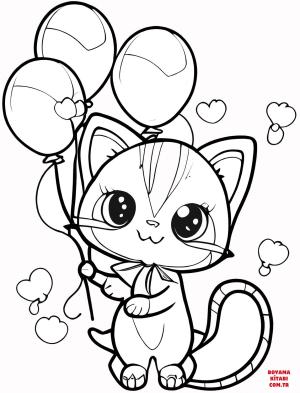 Kedi boyama sayfası, Cat coloring page, , Cats Cute Kitty With Balloons