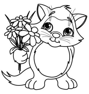 Kedi boyama sayfası, Cat coloring page, Çiçekler Ile şirin Kedi, 