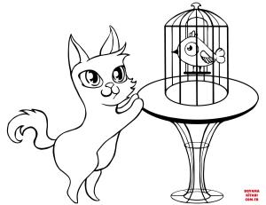 Kedi boyama sayfası, Cat coloring page, , Cats Cat And Bird In Cage