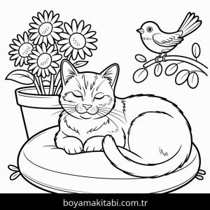 Kedi boyama sayfası – çizgi film temalı, basit çizim