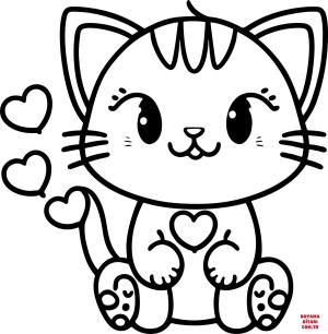 Kedi boyama sayfası, Cat coloring page, , Cats Cute Kitten With Hearts