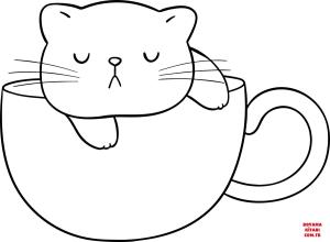 Kedi boyama sayfası, Cat coloring page, , Cats Cute Cat In A Cup