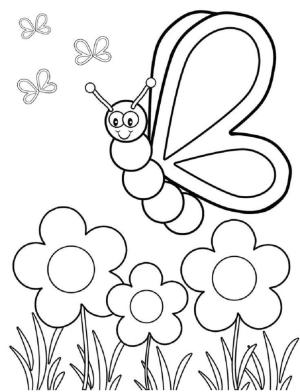 Kelebek boyama sayfası,  coloring page, Gülümseyen Kelebek ve Çiçekler, 