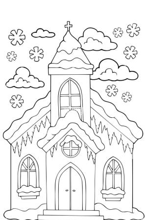 Kilise boyama sayfası,  coloring page, Kışın Kilise, 