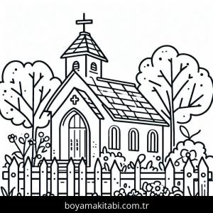 Kilise boyama sayfası – çocuk aktivitesi, PDF indir