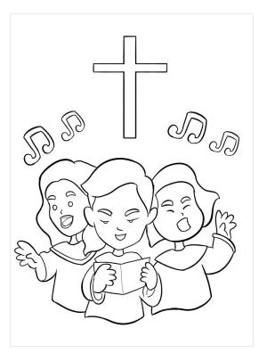 Kilise boyama sayfası,  coloring page, Kilisede Şarkı Söyleyen Çocuklar, 