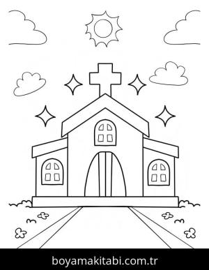Kilise boyama sayfası – okul öncesi, evde etkinlik