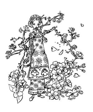 Kiraz Çiçeği boyama sayfası,  coloring page, Kız ve Kiraz Çiçeği, 