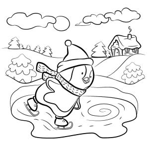 Kış boyama sayfası,  coloring page, Kışın Buz Pateni Yapan Penguenler, 