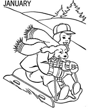 Kış boyama sayfası,  coloring page, Kışın Çocuk ve Köpek, 