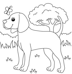 Köpek boyama sayfası, Dog coloring page, Kelebek ile Gülümseyen Köpek, 