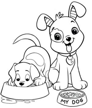 Köpek boyama sayfası, Dog coloring page, Yemek Yiyen iki Sevimli Köpek, 