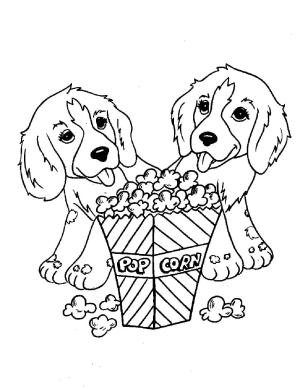 Köpek boyama sayfası, Dog coloring page, Patlamış Mısırlı iki Köpek, 