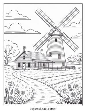 Köy boyama sayfası – çocuk aktivitesi, PDF indir