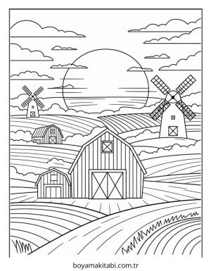 Köy boyama sayfası – PDF indir, sevimli karakter