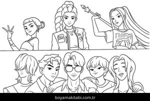 KPop Demon Hunters boyama sayfası – sanatsal çalışma, çocuklar için