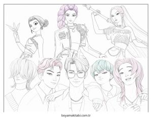 KPop Demon Hunters boyama sayfası – yaratıcılığı geliştirir, keyifli zaman