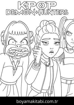 KPop Demon Hunters boyama sayfası – çocuk aktivitesi, PDF indir