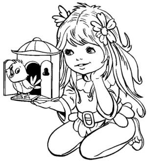 Küçük Kız boyama sayfası,  coloring page, Bir Kuş Kafesi tutan Küçük Kız, 