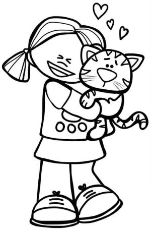 Küçük Kız boyama sayfası,  coloring page, Evcil Kedi tutan Küçük Kız, 