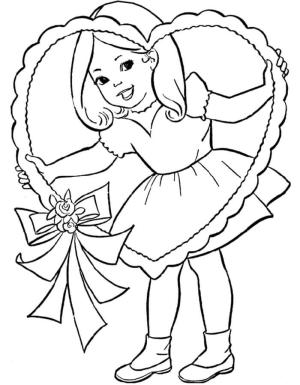 Küçük Kız boyama sayfası,  coloring page, Küçük kız ve bir Sevgililer Günü Kalbi, 