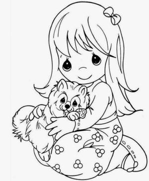 Küçük Kız boyama sayfası,  coloring page, Küçük Kız Köpek Yavrusuna Sarılma, 